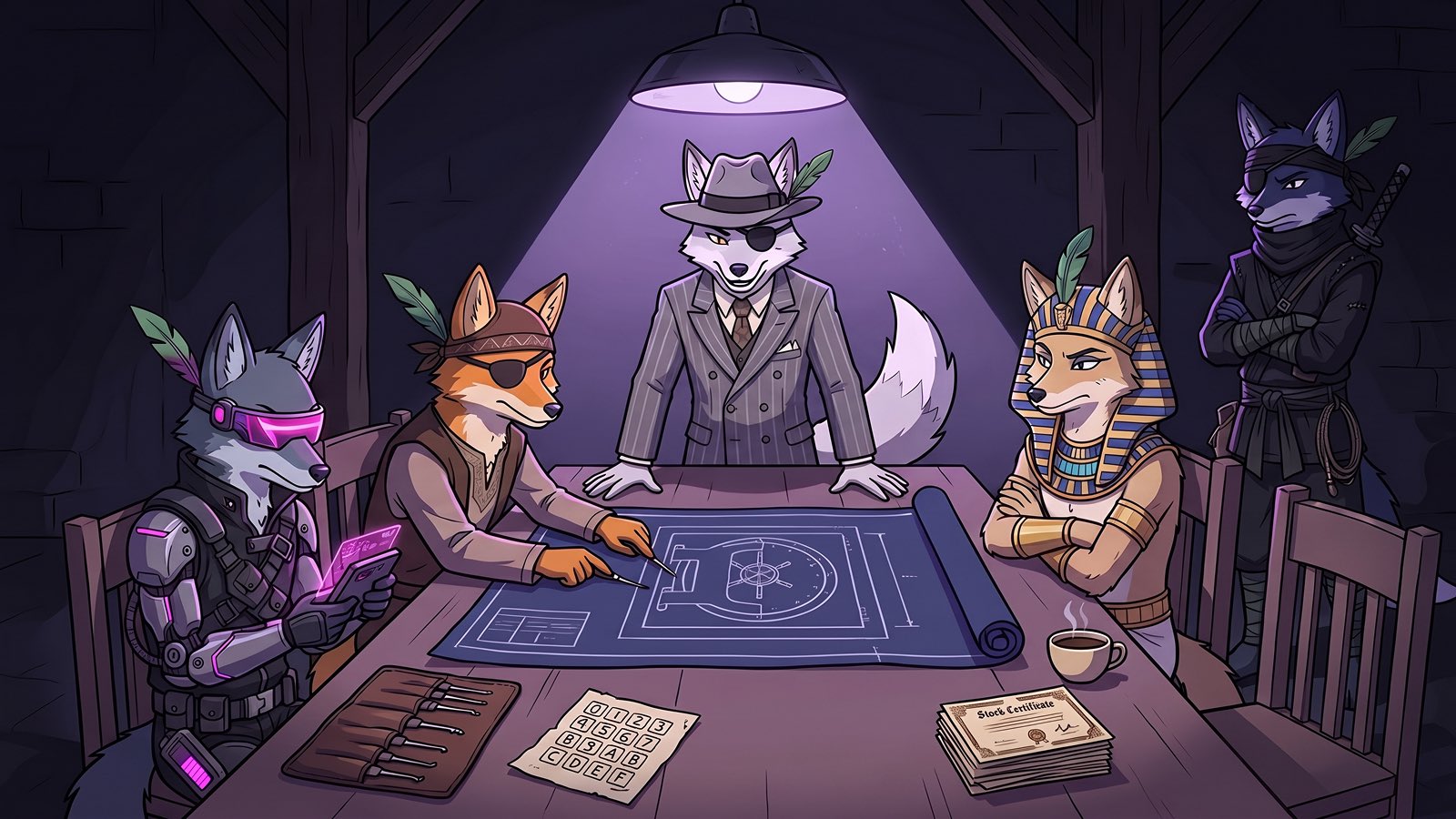 The StonkRobbers crew planning a heist
